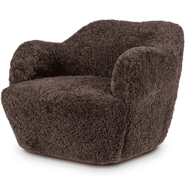 A dark brown armchair with a plush, textured upholstery resembling sheepskin or fleece. The chair features a rounded, organic silhouette with integrated armrests that flow seamlessly into the back and seat. The base is wide and solid, with no visible legs, giving it a grounded appearance. The overall design suggests a modern and comfortable aesthetic. — 3D model
