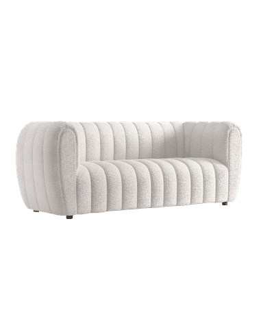 A contemporary upholstered ottoman with channel tufting, covered in an off-white boucle fabric, and resting on discreet recessed feet. — 3D model