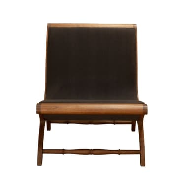 A low-profile X-frame lounge chair constructed from richly toned wood and upholstered in dark material. The frame features curved, intersecting legs that form an 'X' shape, connected by a turned stretcher bar at the back. The seat and backrest are simple, suspended panels of dark upholstery, providing a comfortable recline. The wooden frame has smooth, rounded edges, indicative of quality craftsmanship. — 3D model