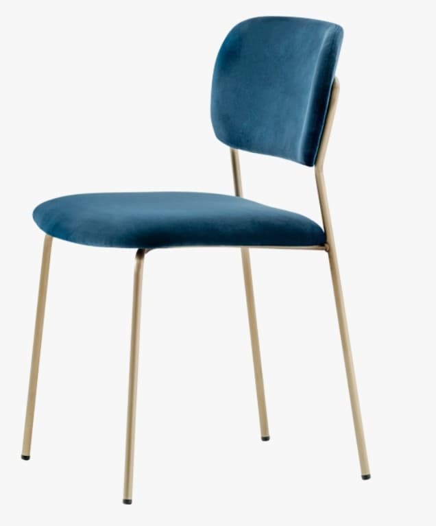 A contemporary armless side chair upholstered in teal velvet, supported by slender gold-toned metal legs. — 3D model