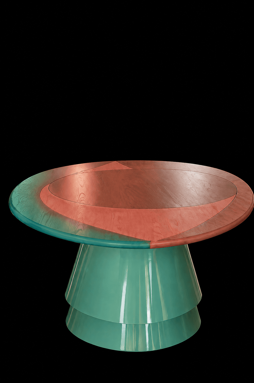 A contemporary dining table with a circular tabletop and a tiered, conical pedestal base. The tabletop features a wood grain finish with a gradient color transition from coral/pinkish-red to teal, arranged in concentric circular sections and geometric inlays. The base is finished in a glossy teal color with two distinct stacked tiers. — 3D model