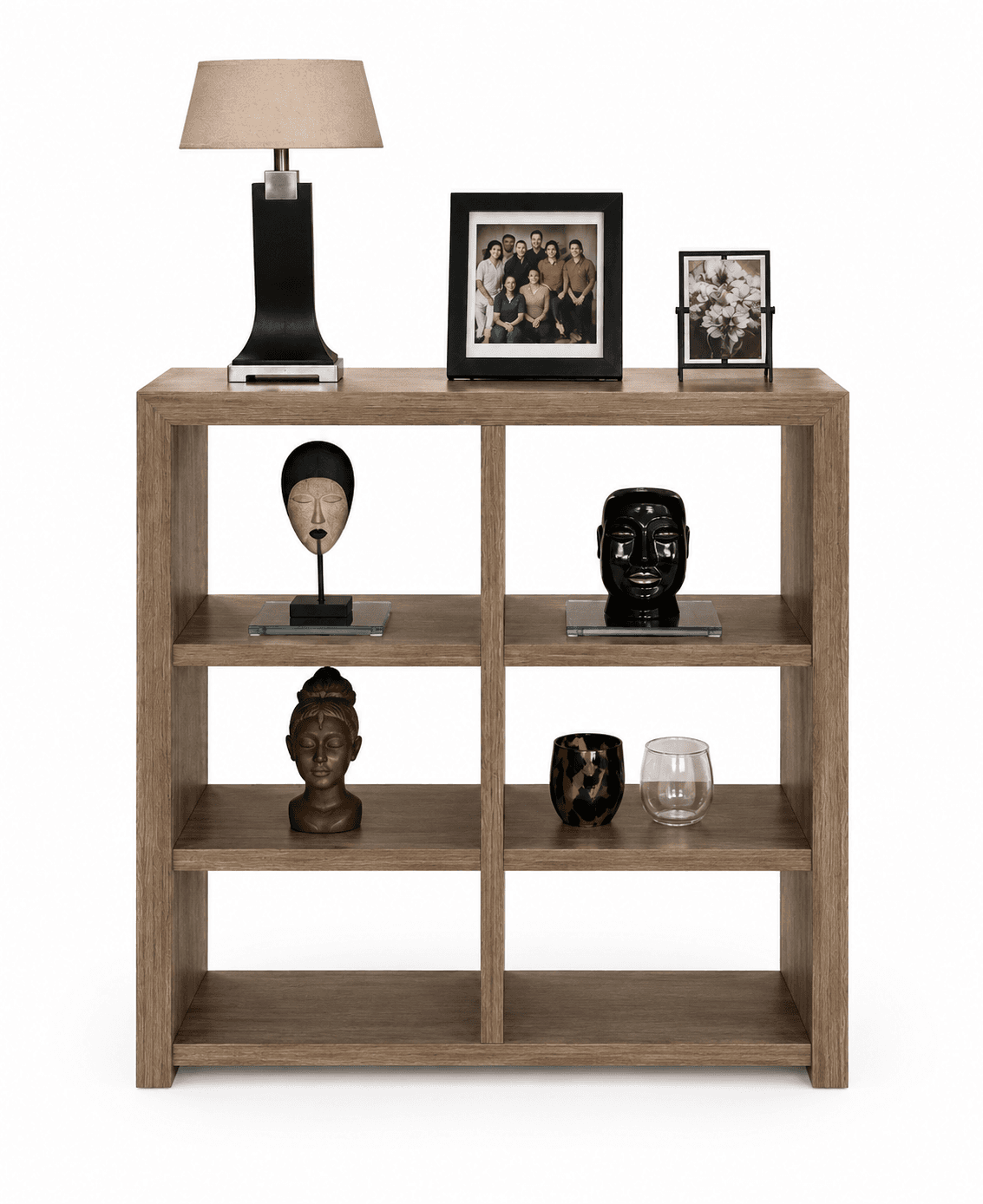 A freestanding, six-compartment cube storage unit featuring a medium brown wood-look finish. The unit is rectangular, with three shelves creating two rows of three equally sized open compartments. It is constructed from engineered wood with a laminate surface, showcasing a visible wood grain texture. The design is simple and minimalist, intended for versatile storage or display. — 3D model