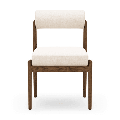 A modern armchair with a wooden frame and upholstered seat and backrest. The frame is constructed from dark stained wood, featuring four legs and a supportive structure for the seat. The seat is generously padded and covered in a textured, off-white fabric. The backrest is a distinct circular cushion, also upholstered in the same off-white fabric, supported by a slender wooden upright extending from the rear of the seat frame. — 3D model