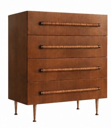 A mid-century modern style chest of drawers featuring four stacked drawers, each with a distinctive wrapped cylindrical handle, supported by slender, tapered brass legs. — 3D model