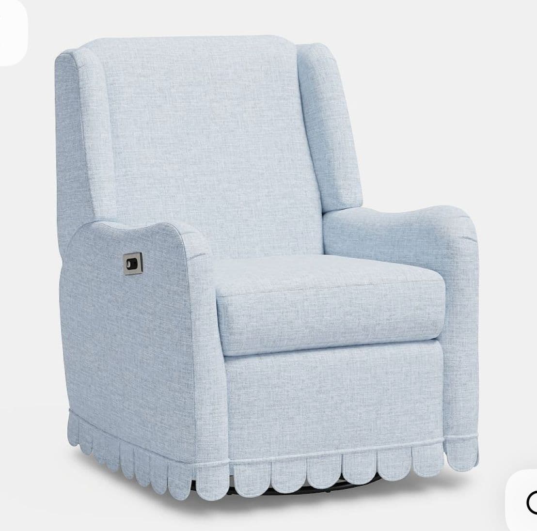A light blue upholstered recliner featuring a distinctive scalloped skirt around its base and integrated armrests. A control button for recline is visible on the side. — 3D model