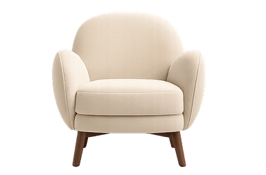 A modern upholstered lounge chair featuring soft, rounded contours and a plush appearance. It has a continuous backrest and armrest design, fully upholstered in a light-colored, textured fabric, resting on four splayed, tapered wooden legs. — 3D model