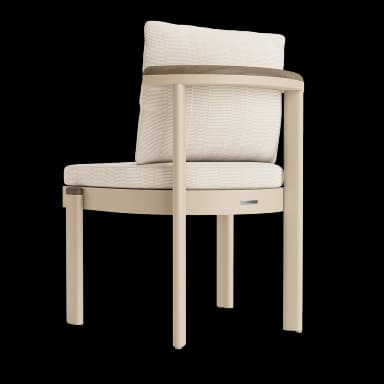 A contemporary armchair with a rectilinear metal frame in a light beige finish, featuring thick upholstered seat and back cushions in a textured off-white fabric. — 3D model
