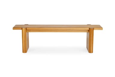 A robust wooden bench constructed from solid oak, featuring a two-plank seat secured by visible circular dowel-like elements on top. The seat rests on two thick, rectangular slab legs, each with a distinctive vertical slot cut into its inner side. The wood has a natural, light brown finish with visible grain, and the edges are gently rounded, contributing to a substantial yet refined aesthetic. — 3D model