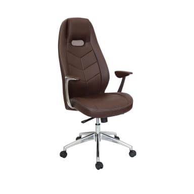 A brown office chair viewed from the rear and side. It features a high back with a cutout and mesh insert, a cushioned seat, and chrome-finished armrests. The chair is supported by a five-star base with casters for mobility. — 3D model