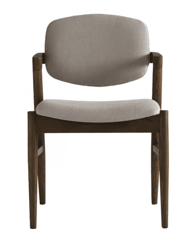 A modern armchair with a wooden frame and upholstered seat and backrest. The chair features a curved, segmented backrest and a slightly contoured seat, both covered in a textured, light-colored fabric. The armrests are integrated into the wooden frame, which has a natural, dark wood finish with visible grain patterns. The legs are slender and angled outwards. — 3D model