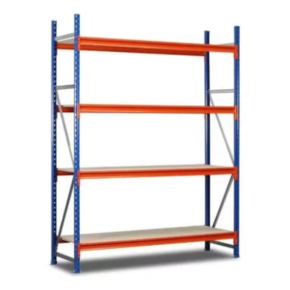 A four-tier heavy-duty metal shelving unit featuring a frame constructed from blue uprights and orange horizontal beams. The shelves are light-colored engineered wood or similar material, designed for robust storage in utilitarian environments. — 3D model