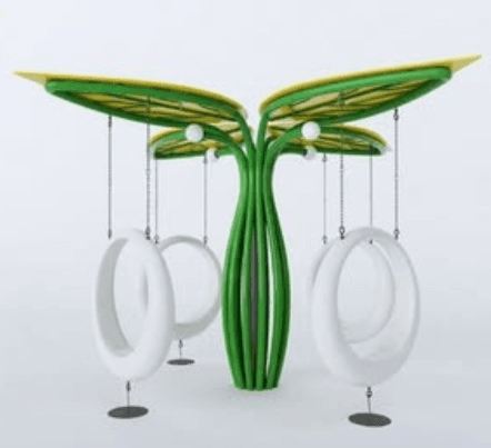 An outdoor multi-person seating structure featuring a central, organic-shaped green support column resembling plant stems, topped by a broad, yellow-and-green leaf-like canopy. Four individual, white, oval-shaped pod seats are suspended by chains from the canopy structure, each designed for a single occupant. Small spherical lights are integrated into the canopy's underside. The overall design evokes a natural, contemporary aesthetic. — 3D model