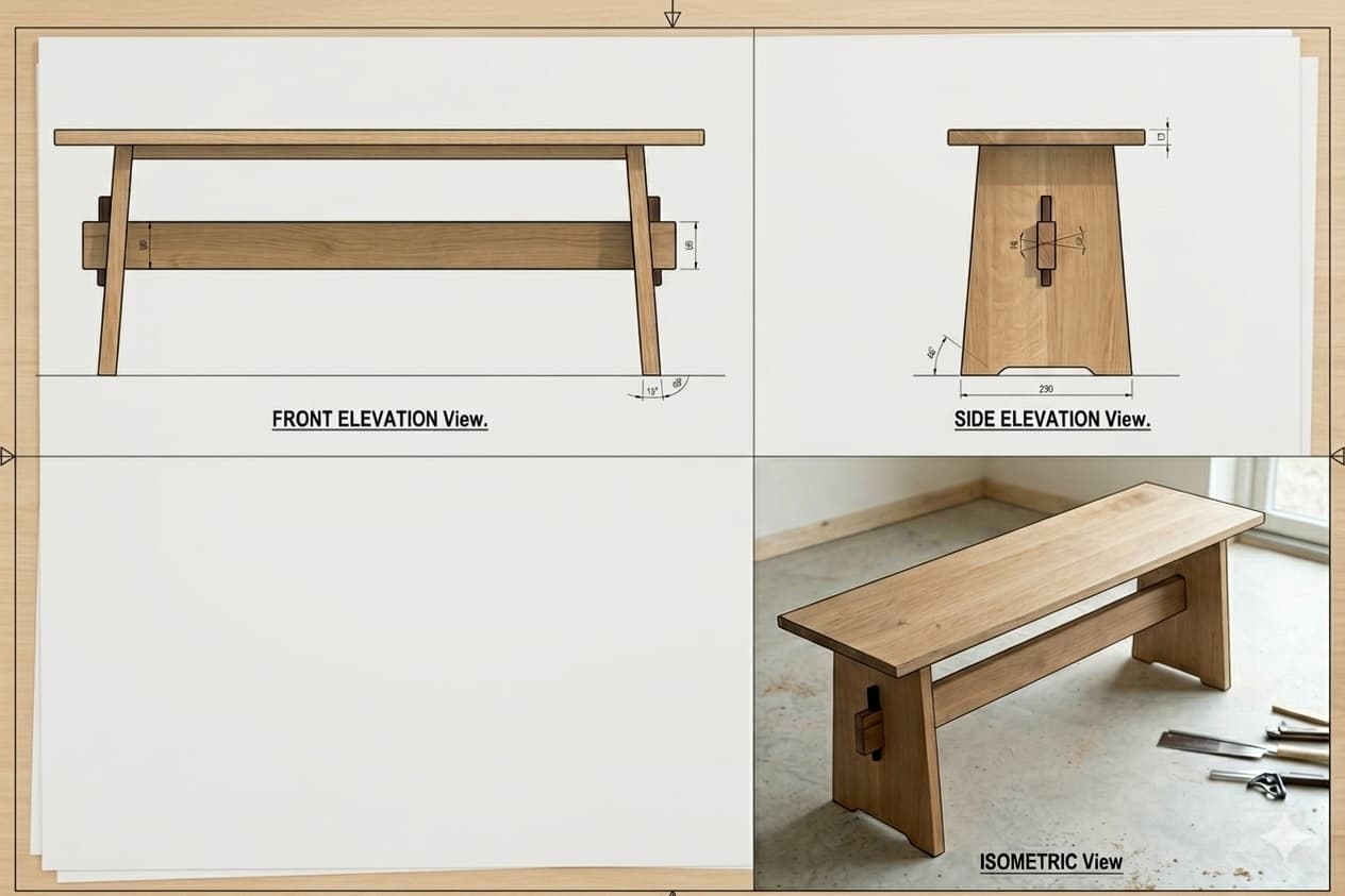 A minimalist solid oak wood bench featuring a thick rectangular seat and two sturdy plank legs connected by a horizontal stretcher. The joinery includes exposed through tenons on the legs, showcasing a craft-inspired detail. The natural light brown wood grain is visible throughout the piece, emphasizing its material purity and clean lines. — 3D model