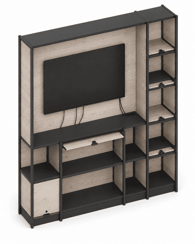 A modern modular furniture unit featuring a black metal frame, light wood-look laminate shelving with integrated drawers, and two large sliding whiteboard panels. The unit combines open storage shelves and closed drawer compartments on the left side with a prominent dry-erase surface on the right. — 3D model