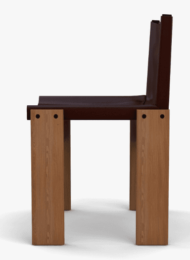 A modern armchair with a wooden frame and a dark brown leather seat and backrest. The frame consists of four vertical legs and horizontal supports. The seat and back are formed from a single piece of material draped over the frame. — 3D model