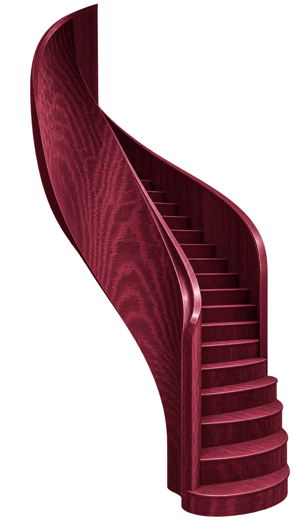 A striking image of a curved staircase, entirely rendered in a rich, deep red wood-like material. The staircase features solid, continuous balustrades that follow the elegant sweep of the steps. Each step and the balustrade exhibit a subtle wood grain texture, enhanced by a polished or lacquered finish. The design is modern and minimalist, devoid of external ornamentation, emphasizing the flowing architectural form. — 3D model