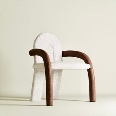 A highly sculptural and conceptual accent chair featuring a distinctive letter 'A' silhouette for its back and seat. The main body is upholstered in a tactile, off-white bouclé fabric, with a central arched cut-out in the backrest. Complementing the textured fabric are two dramatically curved dark brown wooden elements that function as armrests and part of the support structure. — 3D model
