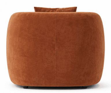 A contemporary, rounded accent chair upholstered in a rust-colored velvet fabric, featuring a barrel-shaped body and a small, loose back cushion at the top. — 3D model