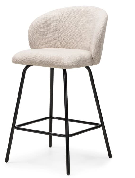 A contemporary bar stool with a gently curved backrest and a padded seat, supported by four slender black metal legs connected by a footrest. — 3D model