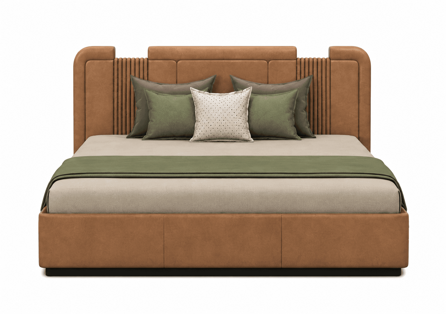 A modern platform bed featuring a distinctive upholstered headboard and matching low-profile frame. The headboard has rounded corners and central vertically fluted sections, presenting a soft yet structured aesthetic. The bed is prepared with a mattress, multiple pillows in grey and green, and a green throw blanket, all rendered in perfect condition against a white background. — 3D model