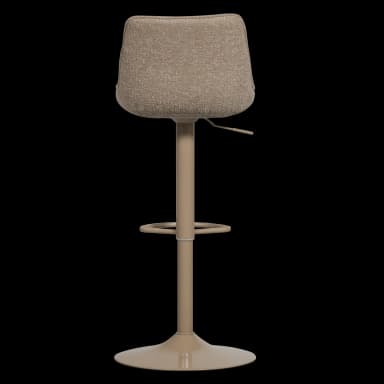 A contemporary bar stool featuring a comfortable upholstered seat and backrest, mounted on a sleek metal pedestal base with an integrated footrest and swivel mechanism. — 3D model