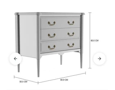 A light grey, neoclassical-inspired chest of drawers featuring three uniformly sized drawers, each adorned with brass-toned pull handles. The chest stands on four tapered legs, and its sides are accented with reeded pilasters, adding a refined touch to its design. — 3D model