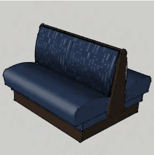 A double-sided restaurant booth with dark blue upholstered seats and a patterned blue fabric backrest. The base and backrest frame are constructed from dark brown wood. — 3D model