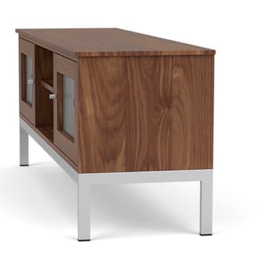 A low-profile cabinet with a rectangular top, featuring two cabinet doors with frosted glass inserts and silver-toned handles. The central section has an open shelf. The cabinet is supported by four sleek, silver-toned metal legs. — 3D model