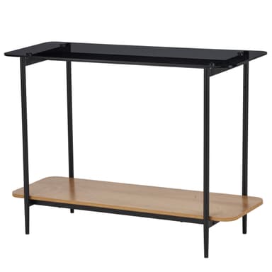 A modern two-tier console table featuring a matte black metal frame. The top shelf is a rectangular piece of dark, possibly black glass or solid material, with rounded corners. The lower shelf is a rectangular piece of light-toned wood, also with rounded corners. The table stands on four slender black metal legs. — 3D model