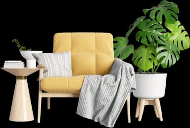 A modern lounge chair featuring a bright yellow textured fabric upholstery and a visible, light-toned wooden frame. The chair includes tufted seat and back cushions, integrated wooden armrests, and splayed wooden legs. A striped decorative pillow and a grey knitted throw blanket are draped over it. — 3D model