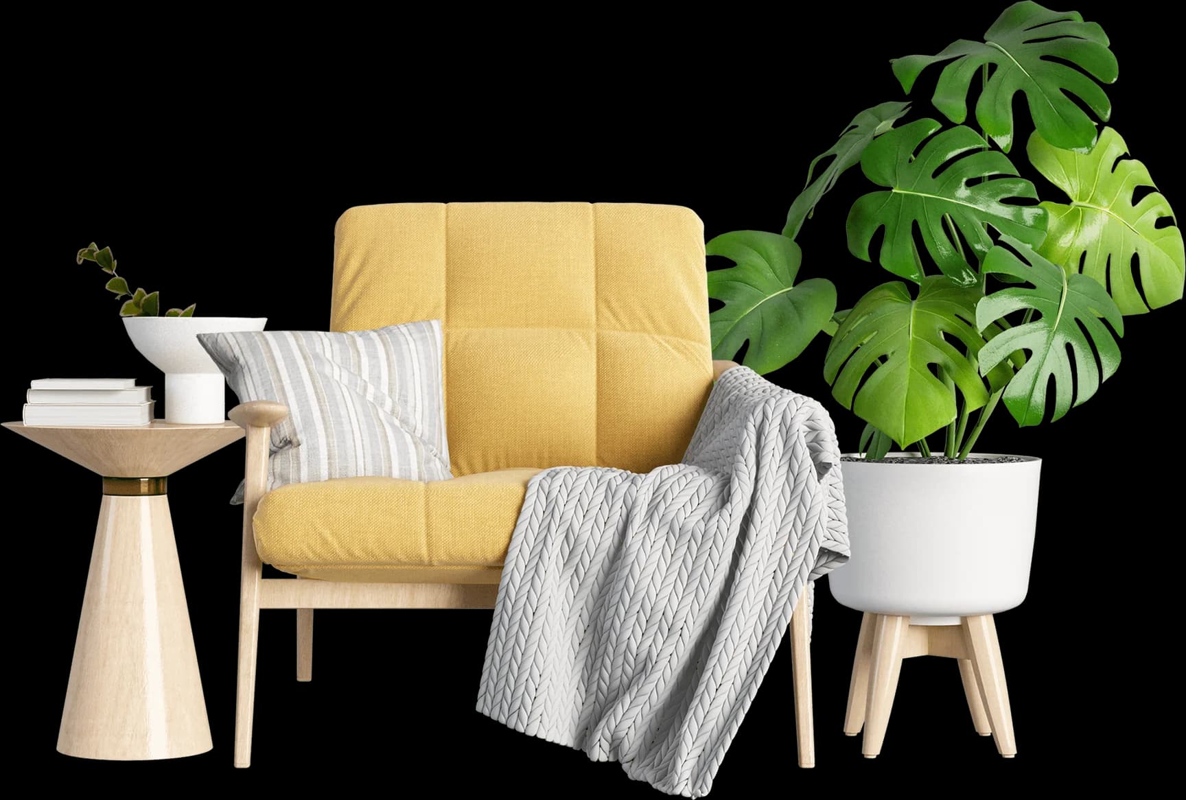 A modern lounge chair featuring a bright yellow textured fabric upholstery and a visible, light-toned wooden frame. The chair includes tufted seat and back cushions, integrated wooden armrests, and splayed wooden legs. A striped decorative pillow and a grey knitted throw blanket are draped over it. — 3D model