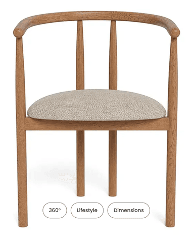 A wooden armchair with a curved backrest that extends into armrests. The seat is upholstered in a textured fabric. The chair has four legs and a minimalist design. — 3D model