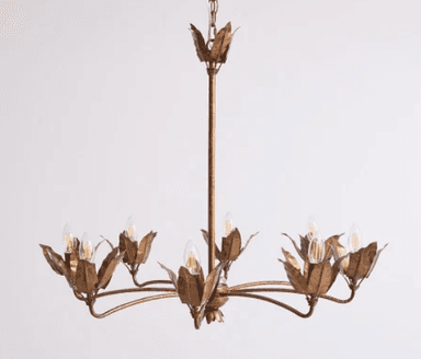 A multi-arm chandelier crafted from gilt metal, featuring a botanical design with leaf-shaped elements. The fixture includes nine light sockets arranged in two tiers on curved arms, all finished in an antiqued gold tone. It is suspended by a decorative chain. — 3D model