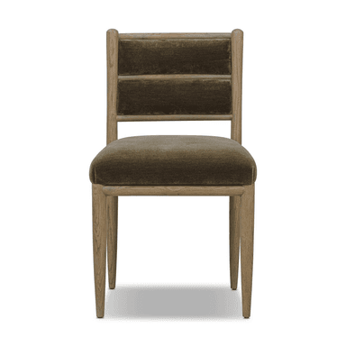 A modern dining chair with a wooden frame and upholstered seat and backrest. The chair features a straight back with two horizontal upholstered panels, supported by a wooden frame. The seat is also upholstered and sits within a wooden frame. The legs are tapered and made of wood. — 3D model