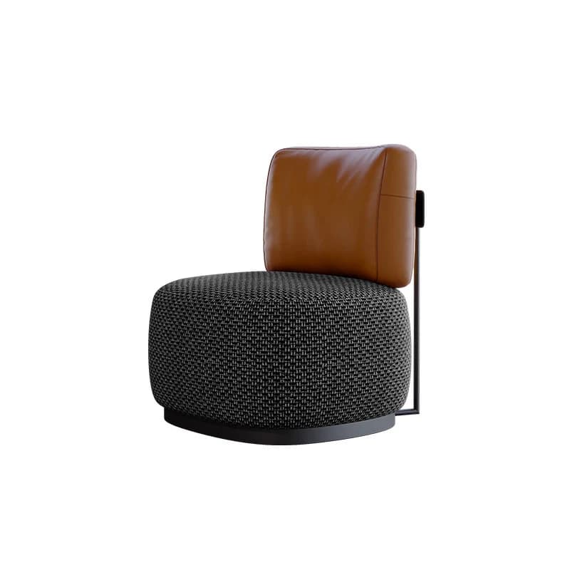 A modern, armless chair featuring a robust, cylindrical upholstered base in a black and white textured fabric, complemented by a distinct, plush brown leather-like backrest. The backrest is supported by a minimalist black metal frame that extends from the base. — 3D model
