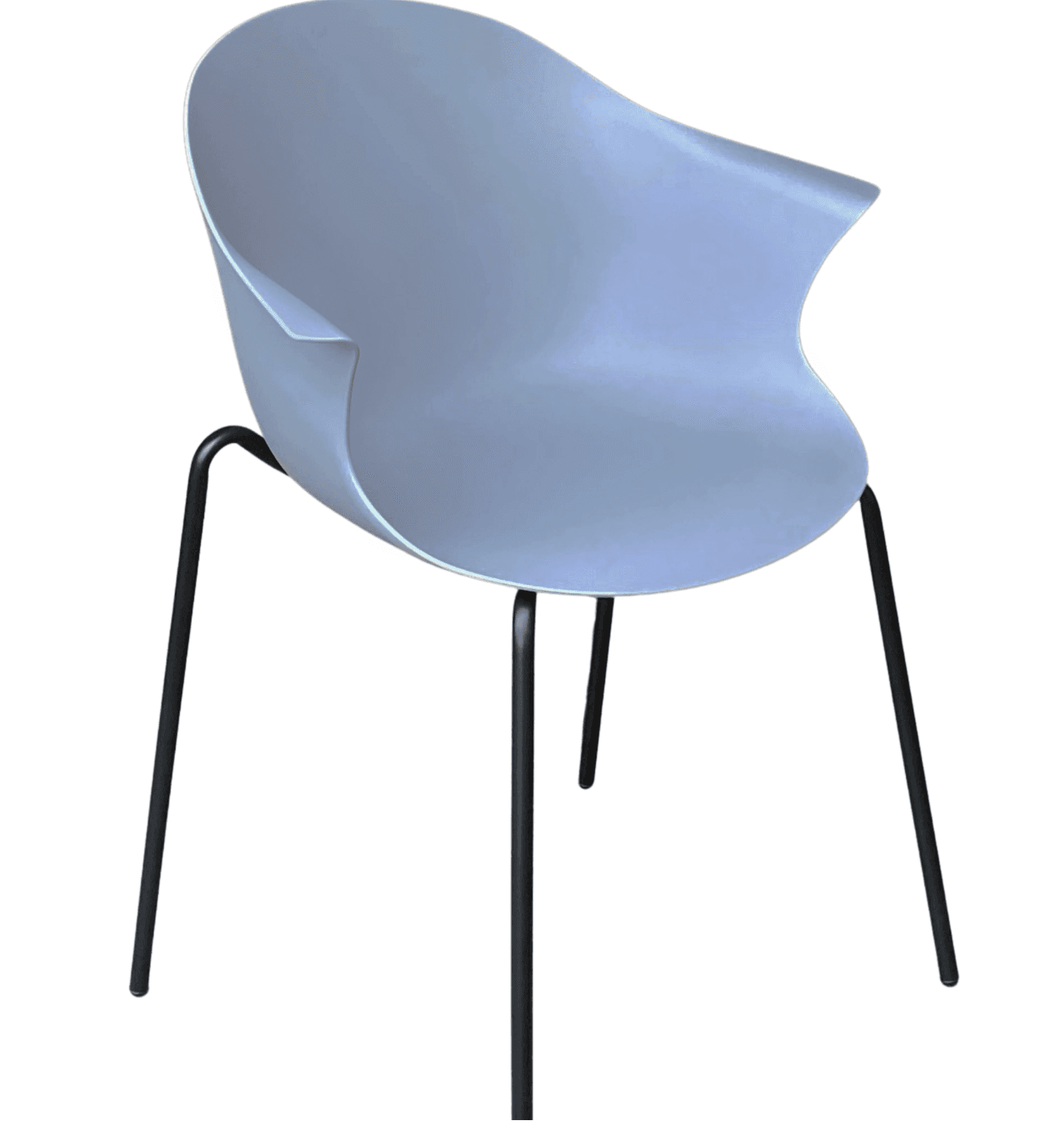 A contemporary armchair featuring a seamless, single-piece molded plastic shell in a pale blue-grey hue, supported by a four-legged base of slender, black-finished metal tubing. The seat and backrest are ergonomically contoured with integrated armrests, and the legs are subtly splayed for stability. — 3D model