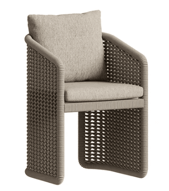 A contemporary chair featuring a thick, rounded frame entirely wrapped or constructed from a light-colored, textured synthetic rope or cord material. The chair includes a removable padded seat cushion and a matching back pillow, both upholstered in a complementary light beige fabric with a subtle woven texture. The frame forms continuous armrests and a backrest, with broad, integrated legs creating a sturdy and cohesive U-shaped form. The lower parts of the frame feature an open-weave pattern. — 3D model