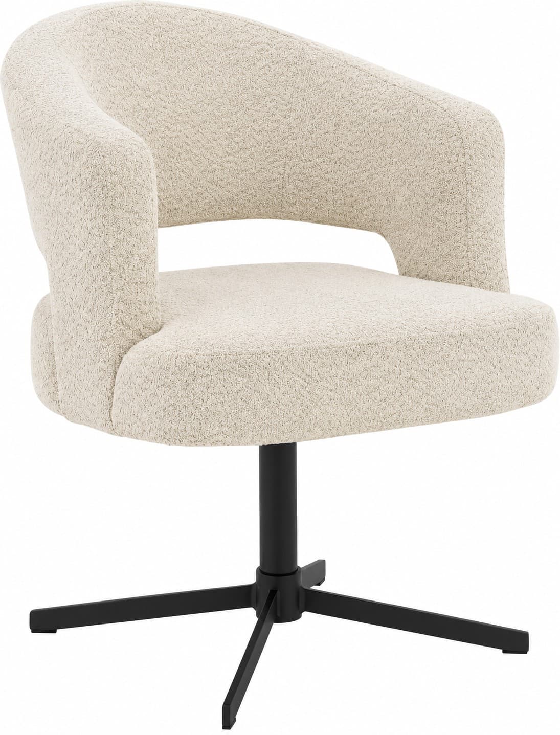 A contemporary barrel-shaped armchair upholstered in a cream boucle fabric, featuring a black metal swivel pedestal base. — 3D model