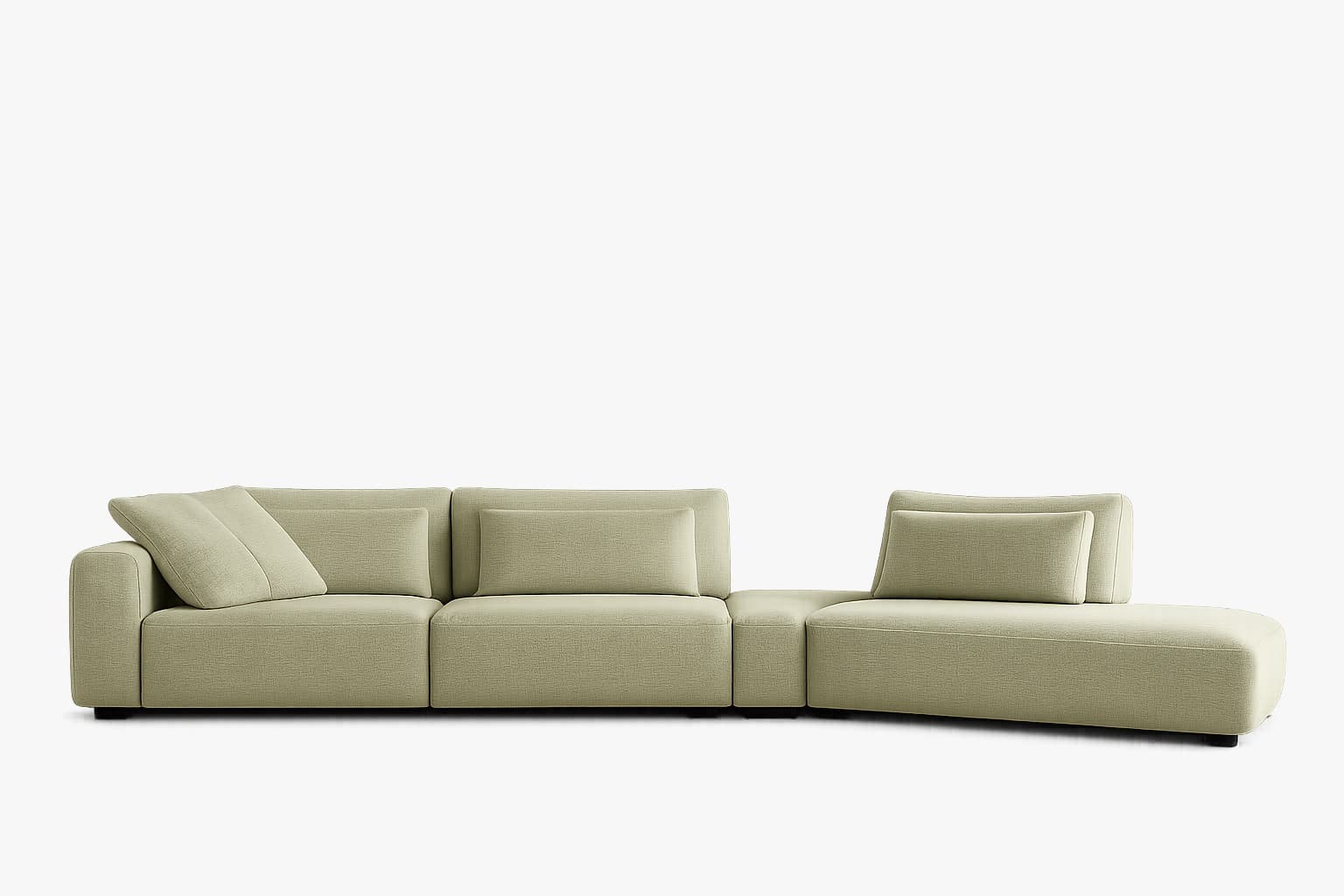 A modular sofa with clean lines and a low profile. It consists of multiple individual units that can be arranged in various configurations. The sofa is upholstered in a textured fabric and features removable back cushions and loose throw pillows. — 3D model