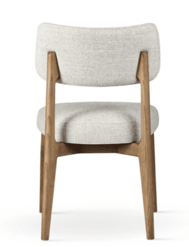 A modern dining chair featuring a light beige upholstered seat and a slightly curved, upholstered backrest. The frame and tapered legs are constructed from a warm-toned wood, likely walnut or oak, providing a clean and contemporary aesthetic. — 3D model