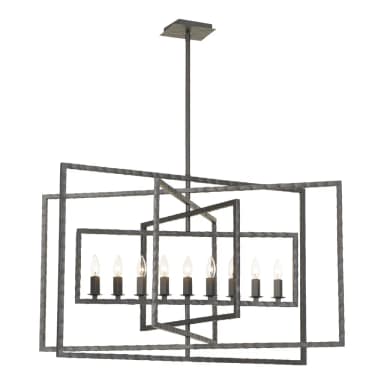A modern chandelier featuring a multi-layered geometric design composed of nested rectangular frames. The frame is constructed from dark, hammered metal, giving it a textural, industrial appearance. Eight candelabra-style bulbs are positioned within the inner frame, providing ambient light. The fixture is suspended from a ceiling canopy by a rigid downrod. — 3D model