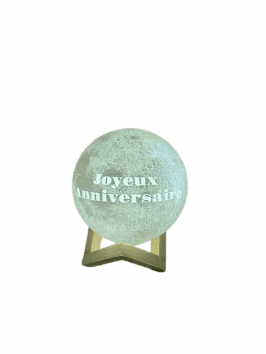 A spherical lamp designed to resemble the moon's surface, illuminated from within, resting on a minimalist wooden stand. The surface features detailed craters and textures characteristic of the moon. — 3D model