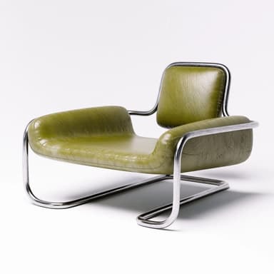A Modernist lounge chair featuring a continuous tubular chrome frame that forms the base, armrests, and back support, upholstered in green leather or faux leather for the seat, backrest, and armrest pads. — 3D model