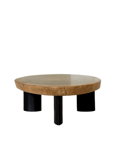 A low-profile coffee table featuring an irregularly shaped, organic wooden top with a darker, recessed central panel. The table is supported by four short, stout, black-colored legs, giving it a minimalist yet distinctive appearance. — 3D model