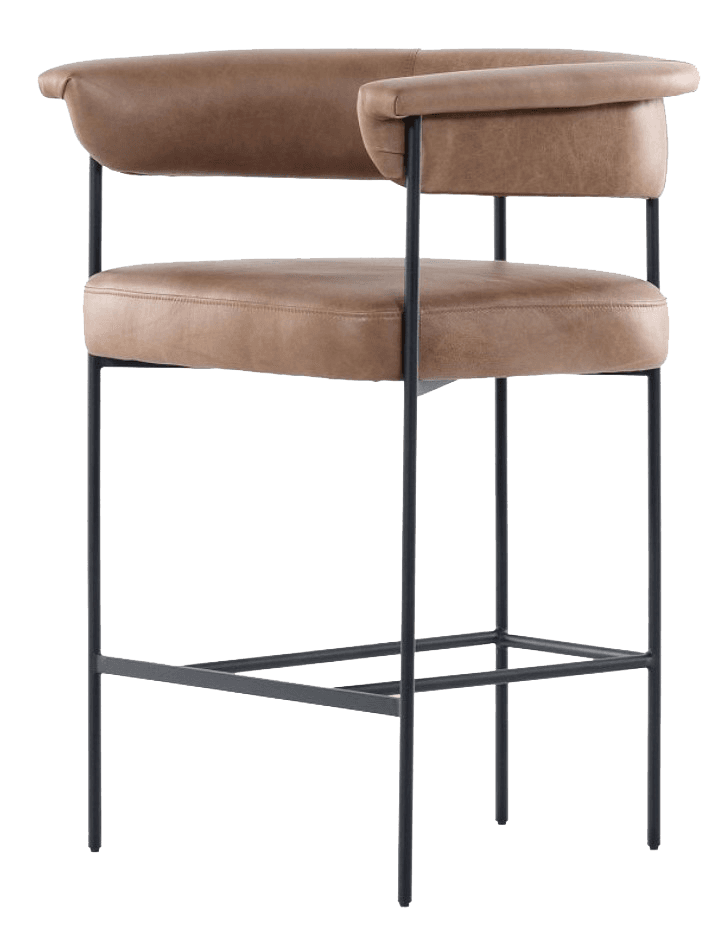A bar stool with a frame constructed from thin, dark metal tubing. The seat and backrest are upholstered with a tan-colored, textured material that appears to be leather or a synthetic equivalent. The stool features a gently curved backrest that extends into armrests, providing a continuous support. The seat is a flat cushion. The metal legs are slender and arranged in a rectilinear fashion, with horizontal supports connecting them midway down to form a footrest. — 3D model