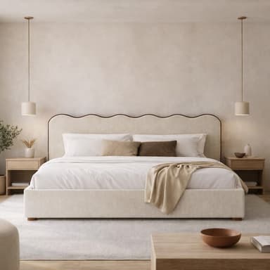 An upholstered platform bed featuring a distinctive scalloped headboard and exposed wooden trim. The bed frame and headboard are covered in a light cream-colored fabric, likely a textured material such as boucle or velvet. The platform design eliminates the need for a box spring, supporting the mattress directly. Small, low-profile feet are visible at the corners of the bed frame. — 3D model
