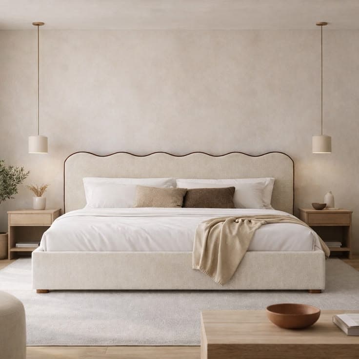 An upholstered platform bed featuring a distinctive scalloped headboard and exposed wooden trim. The bed frame and headboard are covered in a light cream-colored fabric, likely a textured material such as boucle or velvet. The platform design eliminates the need for a box spring, supporting the mattress directly. Small, low-profile feet are visible at the corners of the bed frame. — 3D model
