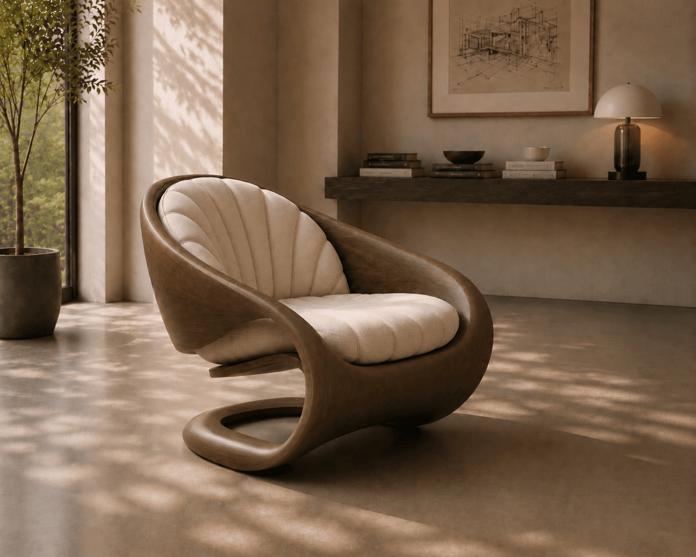 A striking organic modern lounge chair featuring a continuous, curved bentwood frame in a rich, dark brown finish. The frame forms the backrest, armrests, and a sculptural base. Inside the wooden shell are plush, upholstered cushions in a light, neutral fabric, with the back cushion exhibiting a shell-tufted or channel-tufted design for enhanced comfort and aesthetic appeal. The chair exudes a contemporary yet timeless design, emphasizing natural forms and smooth lines. — 3D model