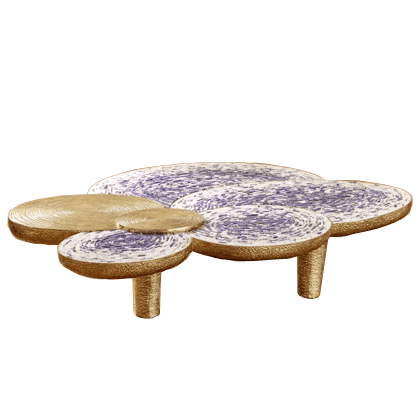 A sculptural table composed of multiple circular and oval-shaped platforms at varying elevations, designed to function as a coffee table or accent piece. Some surfaces feature a textured gold finish, while others exhibit a white base with intricate purple and white patterns, resembling woven or speckled material. The table is supported by short, cylindrical legs with a matching gold texture. — 3D model