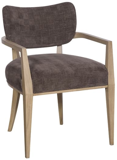 A contemporary armchair featuring a light-toned wooden frame with open, rectangular armrests and tapered legs. The seat and separate backrest cushion are upholstered in a dark, textured fabric with a subtle woven pattern. — 3D model